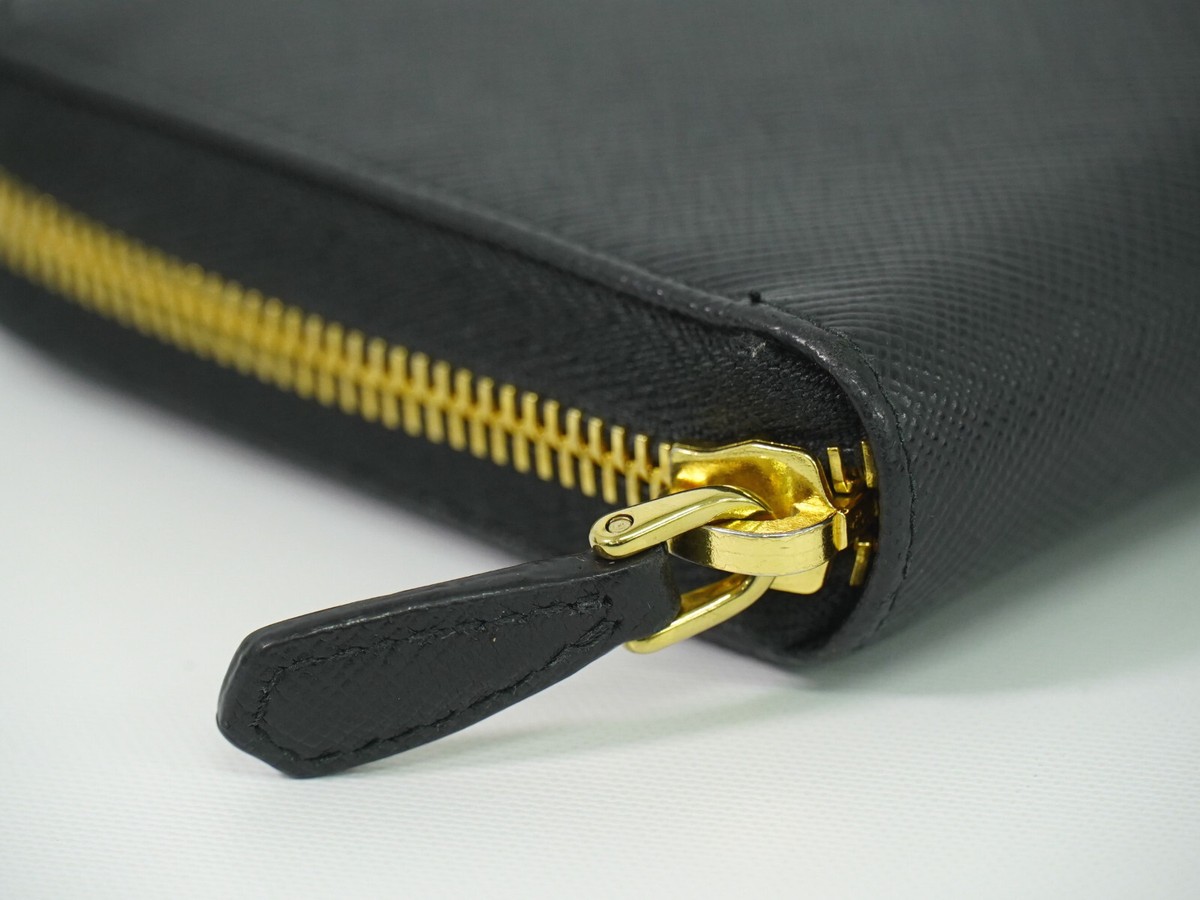 PRADA Saffiano Leather Round Zip Long Wallet Black Gold | eBay