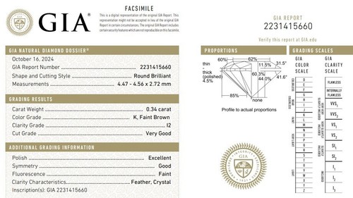 GIA loose certified .34ct K I2 faint brown loose Brilliant round diamond estate - Picture 3 of 7