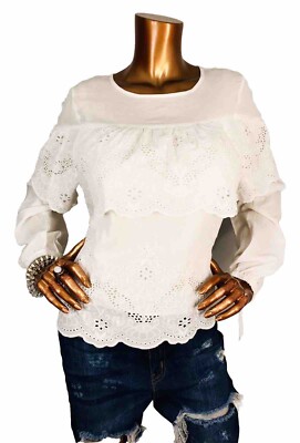 Grace + Karma M Top NWT White Lined Blouse Embroidered Eyelets Soft Long Sleeves