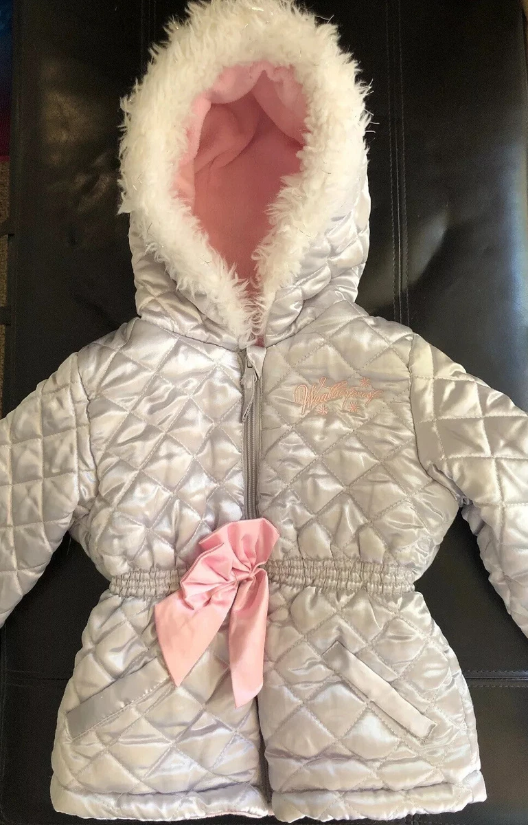 WEATHERPROOF Brand Girls Size 4Toddler JACKET Silver w faux fur Hood Pink Bow