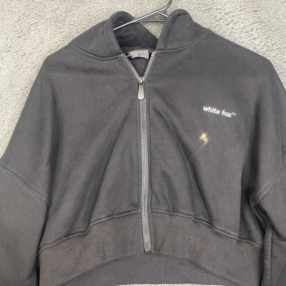 White Fox Cropped Full Zip Hoodie Size S/M Black Distressed SEE - Image 2 of 4