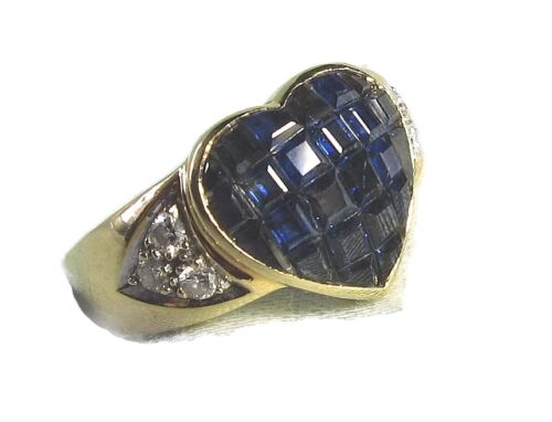 18K Yellow Gold Heart Ring w Invisibly Set Sapphires / Diamonds  5.9 grams