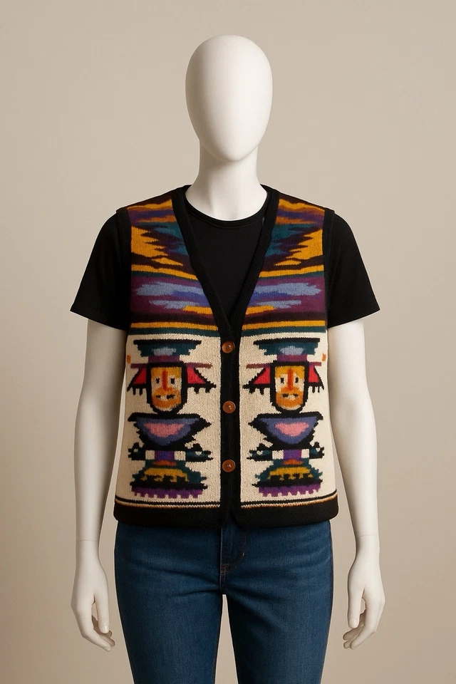 Винтажный сапотек? Оахака? Chimayo? Жилет шерстяной ручной работы Southwestern с геометрическим узором размер XL - Изображение 3 из 4