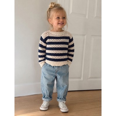 Crewcuts J Crew Girls XS 4-5 Navy Cream Striped Open Knit Crochet Sweater. NWOT