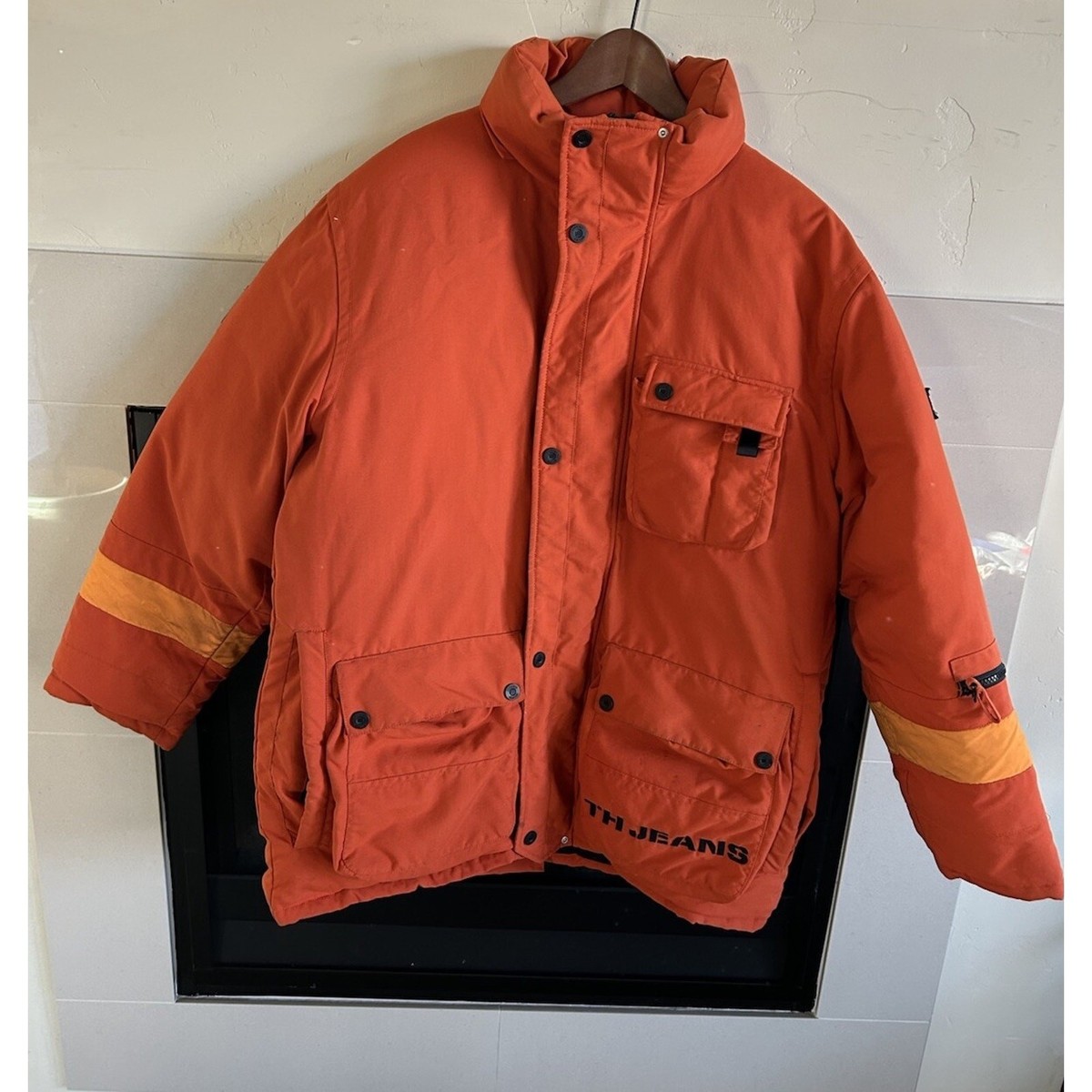 Vintage Tommy Hilfiger Puffer Jacket Mens M Orange Down Coat Flag 
