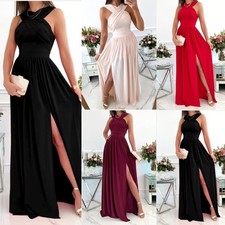 Women's Halter Neck Maxi Dress Side Slit Sleeveless Formal Evening S-XXL