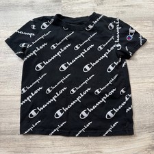 Champion Kids Black All Over Script Logo Print Short Sleeve T-Shirt Size 6