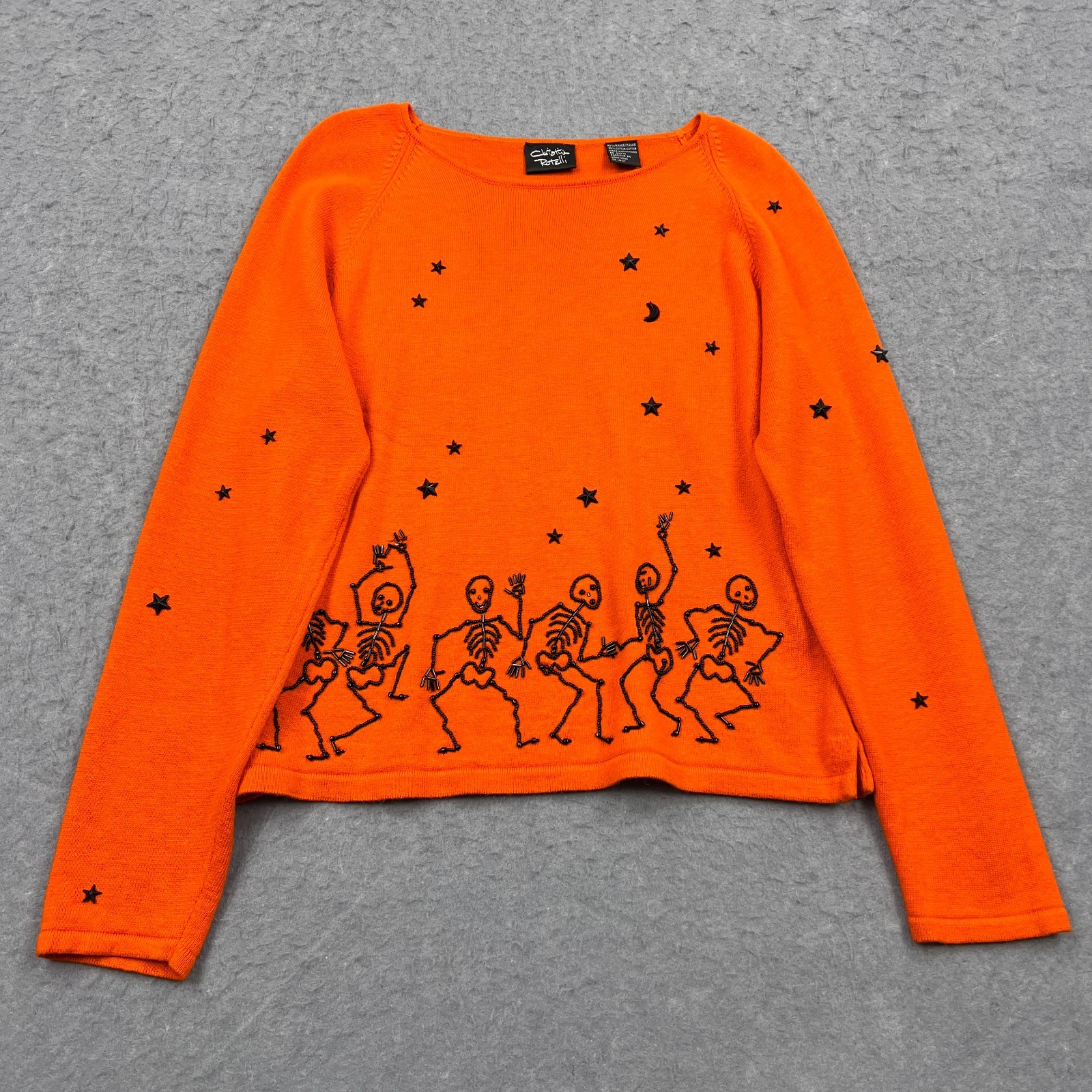 VTG Halloween Sweater Christina Rotelli Womens Medium Orange Skeleton Moon Stars