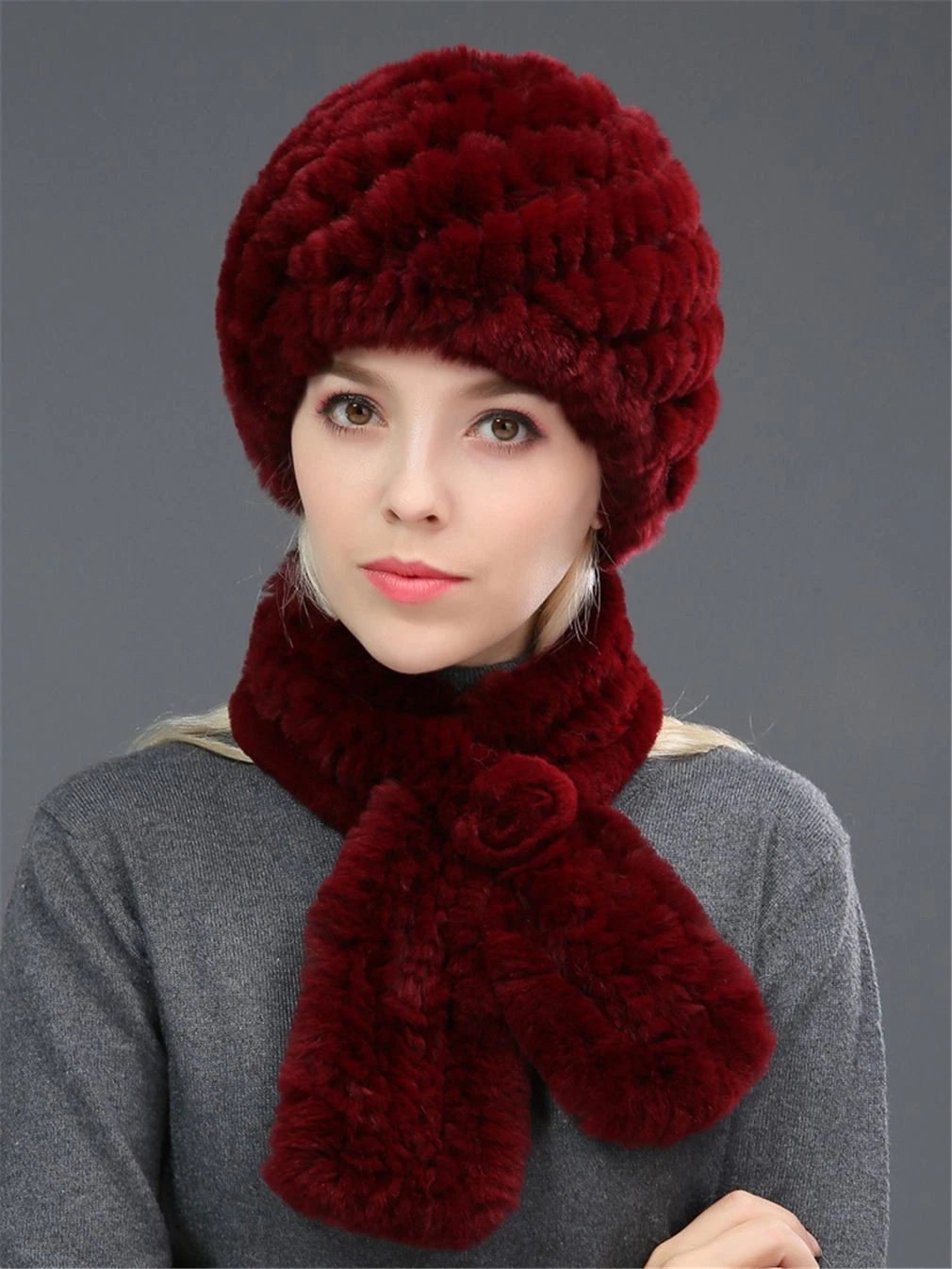 100% Real Rabbit Fur Hat and Scarf Thicken Winter Warm Knitted Cap for Women