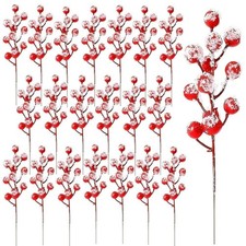20 Pcs Artificial Frosted Holly Berry Stems, 12 Heads Faux Sprays Red Berries...