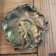 Vtg Art Nouveau deco lady head brass signed dish.  Unique presentation  1980
