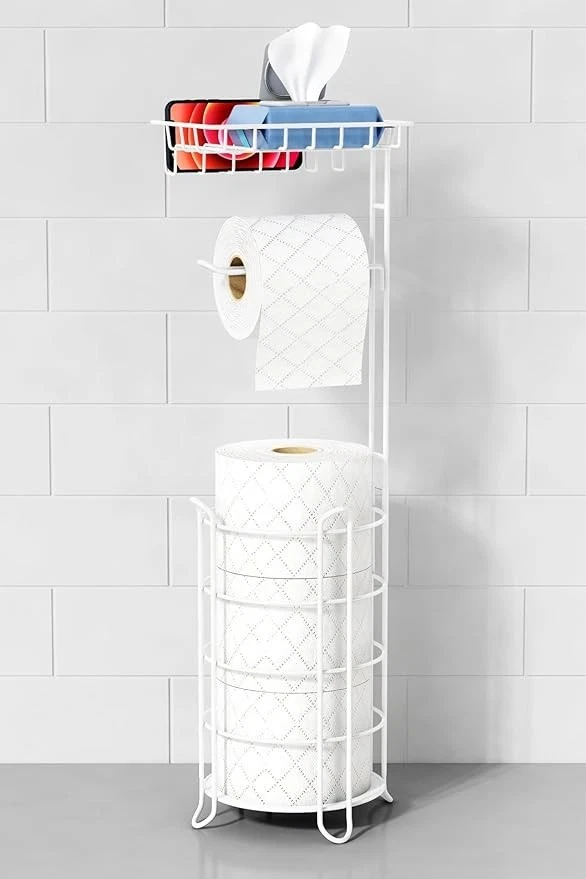 Soporte de papel higiénico independiente con estante para teléfono y almacenamiento de toallitas, soporte de metal Foto 3 de 4
