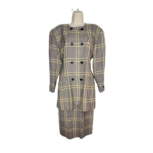 Escada, Vintage 90s Escada Blazer Skirt Suit Set Plaid Wool Cashmere Size EU 38 / 36