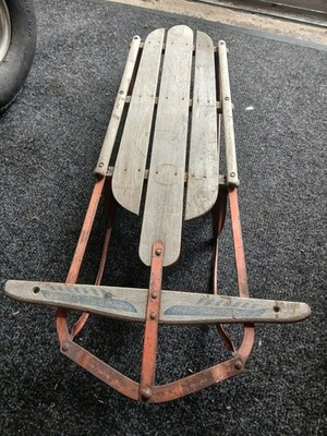 Vintage Wood & Metal Snow Sled, Brown/Red, 1-Piece Set
