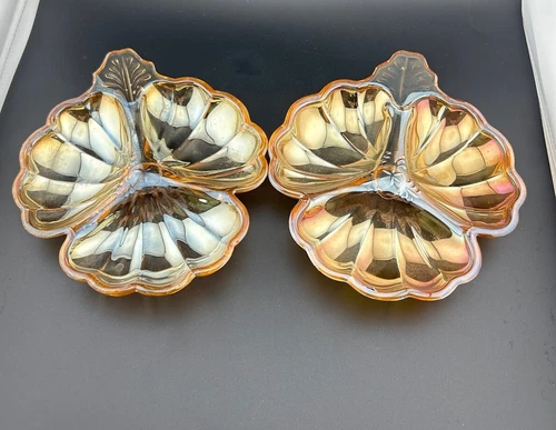 Vintage Jeanette Marigold Carnival Glass Peach Luster Leaf Divided Dish Set of 2