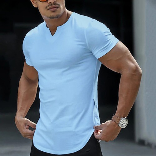 T-shirt uomo collo a V Henry top maniche corte slim fit golf muscolo casual - Foto 6 di 18