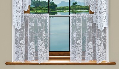 Grace Floral Lace Kitchen Curtain Tier Valance Swag Pair & Set White Cream/Ivory