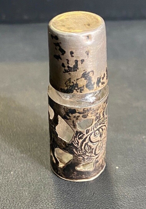 Antique Sterling Silver Engraved Pattern & Glass Perfume Bottle, Made in Mexico