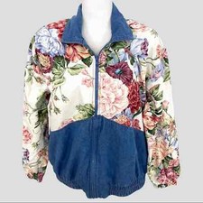 Vintage Multicolor Floral Denim Zip Front Bomber Jacket