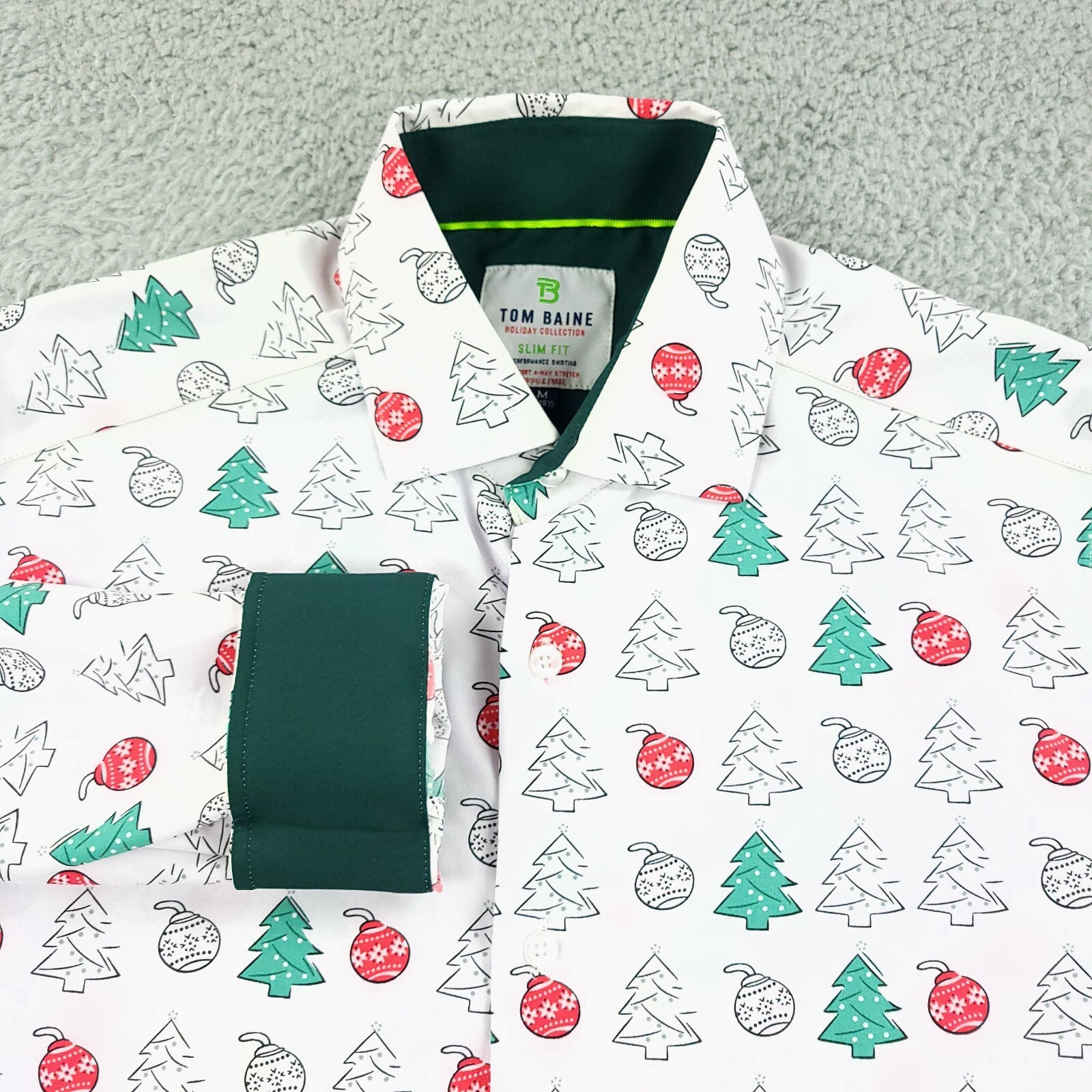 Tom Baine Shirt Mens Medium Green Red Slim Fit Christmas Tree Ornaments