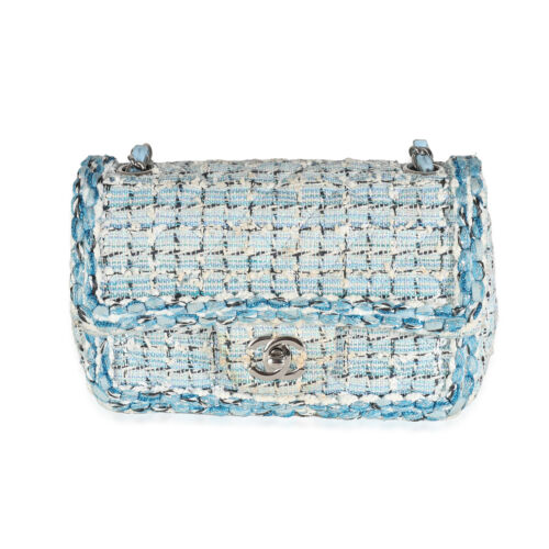 Chanel Metallic Blue White Tweed Mini Rectangular Flap Bag - Afbeelding 1 van 7
