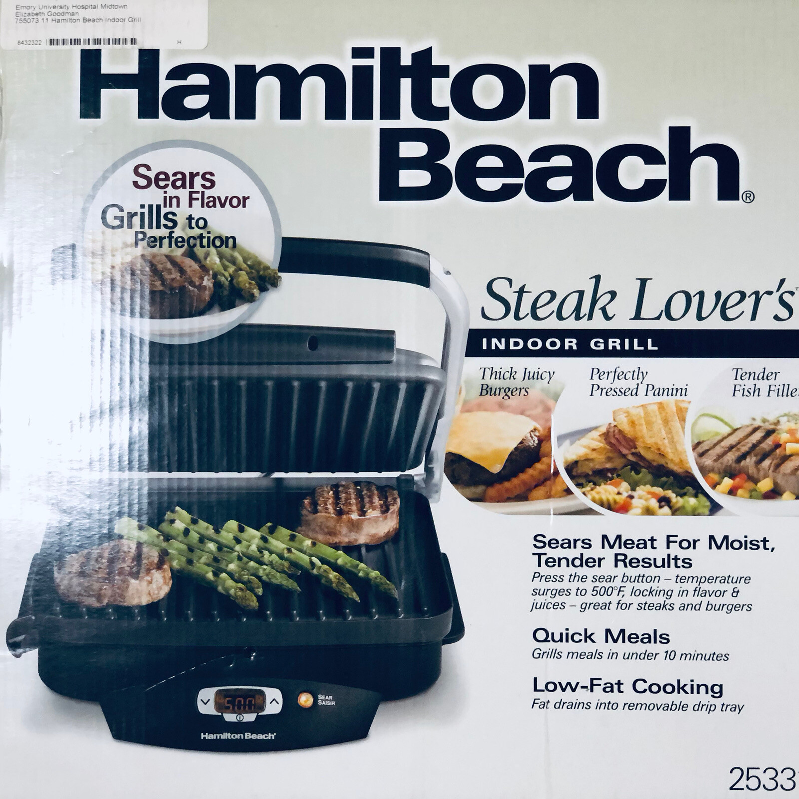 Hamilton Beach 25331 Steak Lover's Indoor Grill Black for sale online