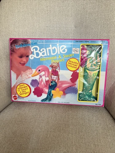 VINTAGE 1990 BARBIE DOLL BATHTIME FUN MERMAID & SWAN PLAYSET #7555 SEALED BOX