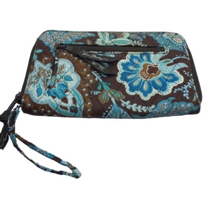 Vera Bradley Brown Blue Floral Print Zip Around Wallet Wristlet