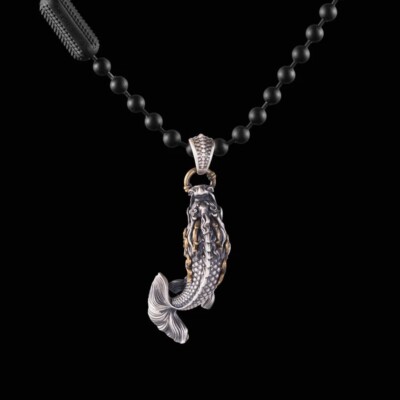 Oxidized Silver Dragon Fish Pendant for Necklace. Gifts for Boyfriend