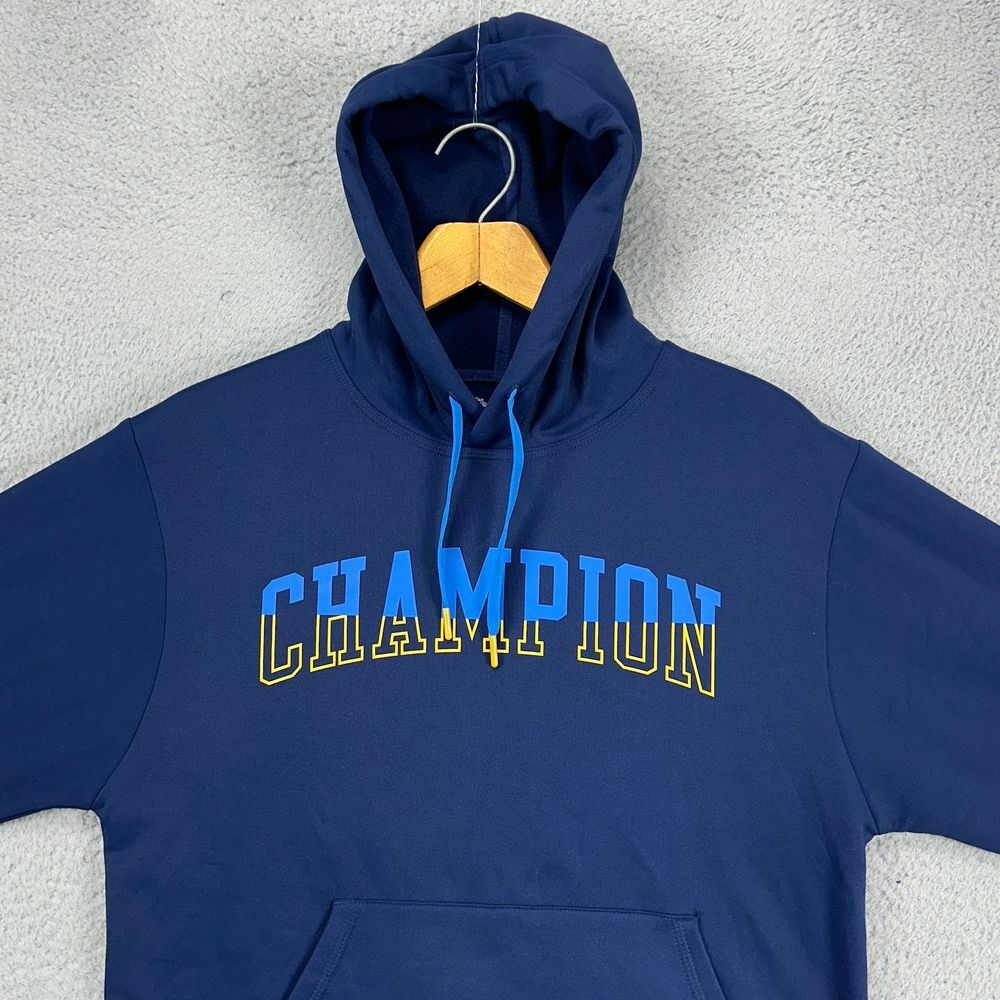Champion Hoodie Sweatshirt Mens Small Navy Graphic Print Pullover Drawstring
