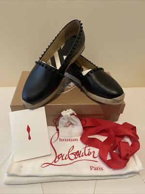 Authentic Christian Louboutin Ares Flat Calf Espadrille - US 37 In Black w/Box