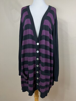Ulla Popken 20/22 2X Cardigan Sweater Purple Black Stripe Long V Neck  Button J5