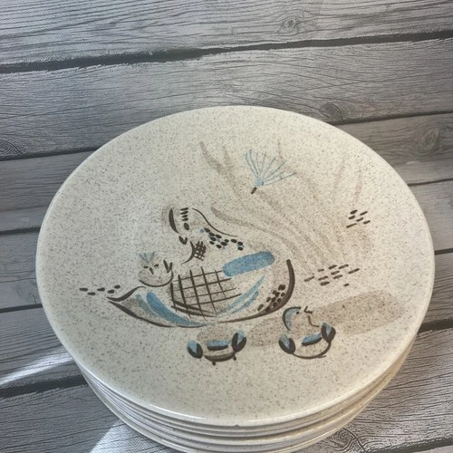 8 Vintage MCM Red Wing Bob White Quail Hand-Painted Pottery 11" Dinner Plates