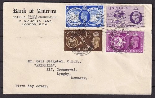 w3940/ England UPU Bank of America Posted FDC Cover t/Denmark 1949
