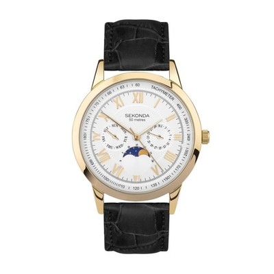 Sekonda Armstrong Mondphase 40mm Uhr mit schwarzem Lederarmband und Goldgehäuse