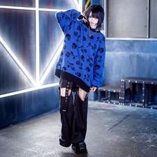 LISTEN FLAVOR Rose and Skull Knit Sweater Blue 
