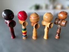 Wooden Kendama Set of 5 Used Varied Designs with Wear and Paint Chipping Japan