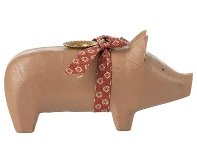 Maileg: Kerzenhalter Holzschwein medium, old rose, ca. 8 x 19 cm, handgefertigt