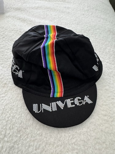 Vintage Univega Cycling Cap Hat White Rainbow Stripe World Champion Retro 80s