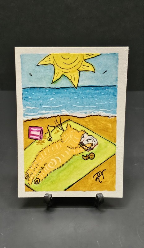 ACEO Original Art 2.5X3.5 Trading Card Actually Cats Orange Tabby Cat At Beach