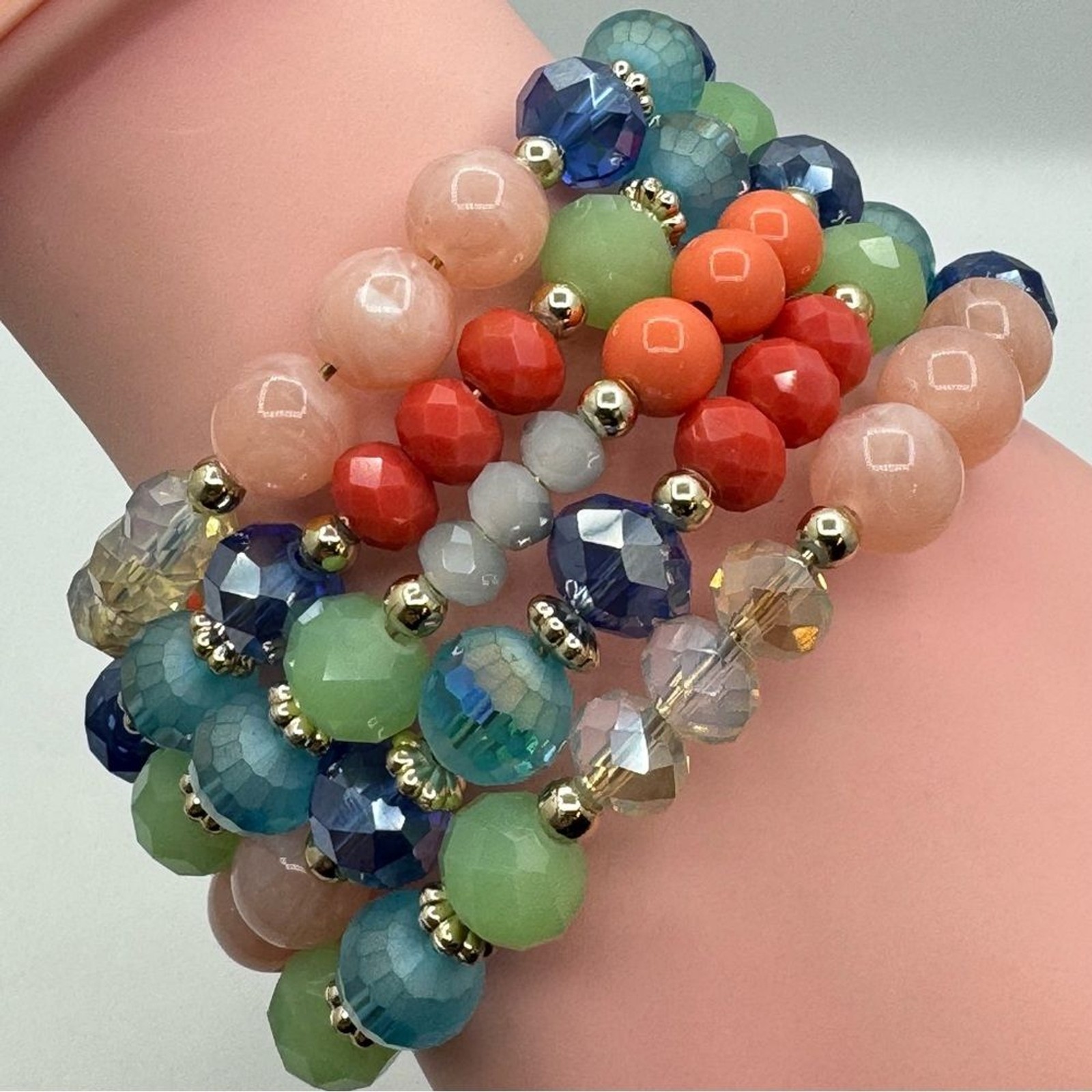 Multicolor Beaded Memory Wire Bracelet Crystal Gl… - image 1
