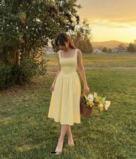 Cider Butter Yellow SunDress Fitted Bodice L Textured Linen Blend NWT