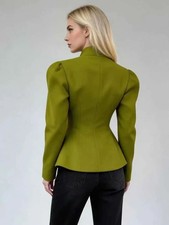 Women Green Stand Collar Fit Blazer Curved Hem Decorative Button Puff Slim Wais