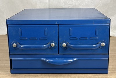 Vintage 3-Drawer Industrial Metal Cabinet Steel Tool Organizer Blue 12x12x7 