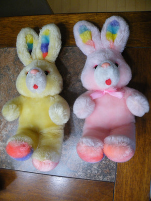 (2) VINTAGE Yellow & Pink EASTER  Bunny Rabbits STUFFED Animal PLUSH 10'' TOYS