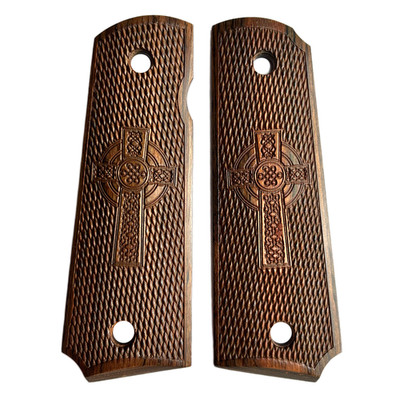 1911 Grips Checker Wood Full Size Celtic Cross fits Colt Rock w/ Black Screws US