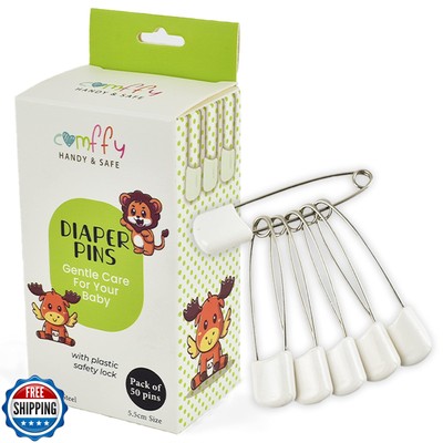 Comffy 50 PCS Diaper Pins - Stainless Steel Pins with Plastic Safety Lock, La