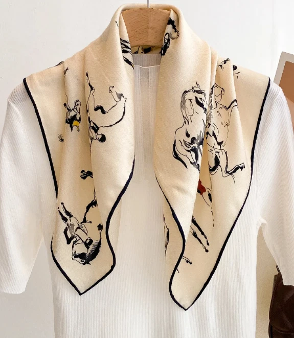 70% Cashmere 30% Silk 65X65cm equestrian Print Neckerchief Bandana Scarf Shawl  - Image 3 of 4