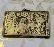 Vintage Egyptian Revival Tooled Leather Wallet Kiss Lock Gold Embossed