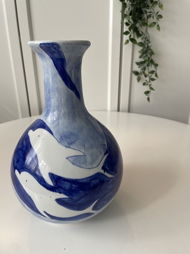 Vintage Blue & White Decorative Vase Hand Painted Coastal Beach House - Picture 7 of 7